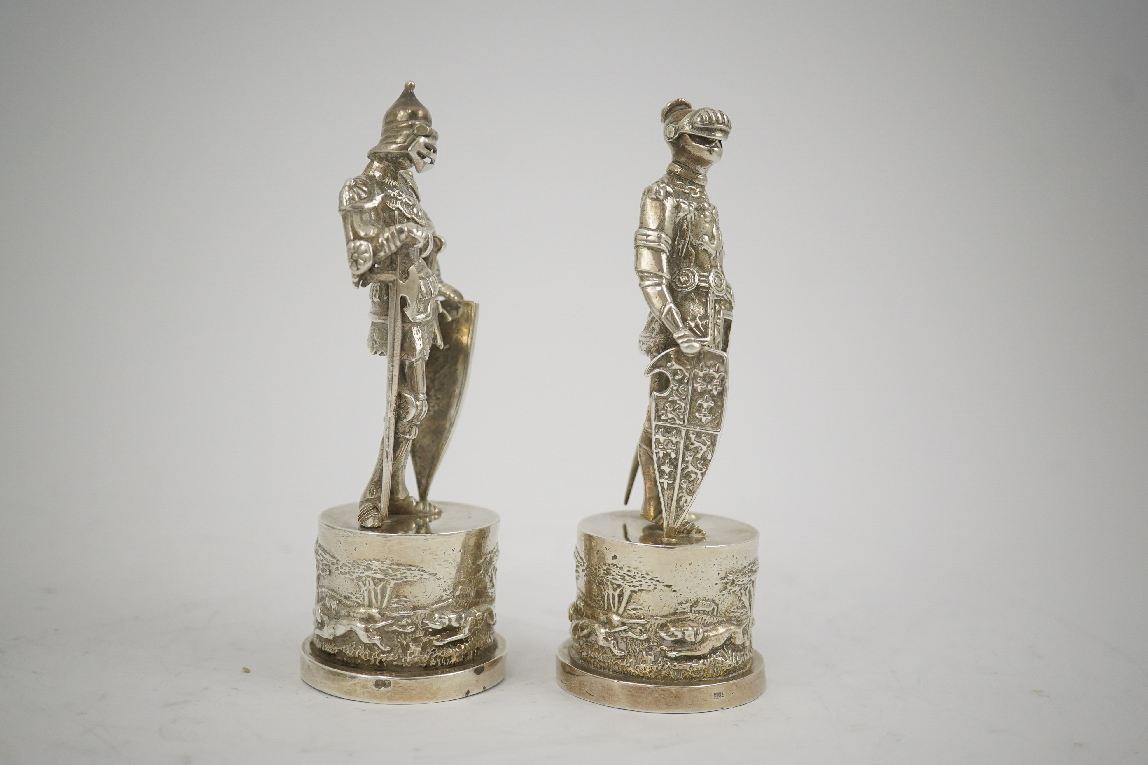 Two similar late 19th/early 20th century Hanau? silver miniature model Knights, makers mark HT